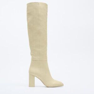 NWT ZARA 100% LEATHER BONE ECRU HEELED KNEE HIGH BOOTS (Size 37, 6.5)